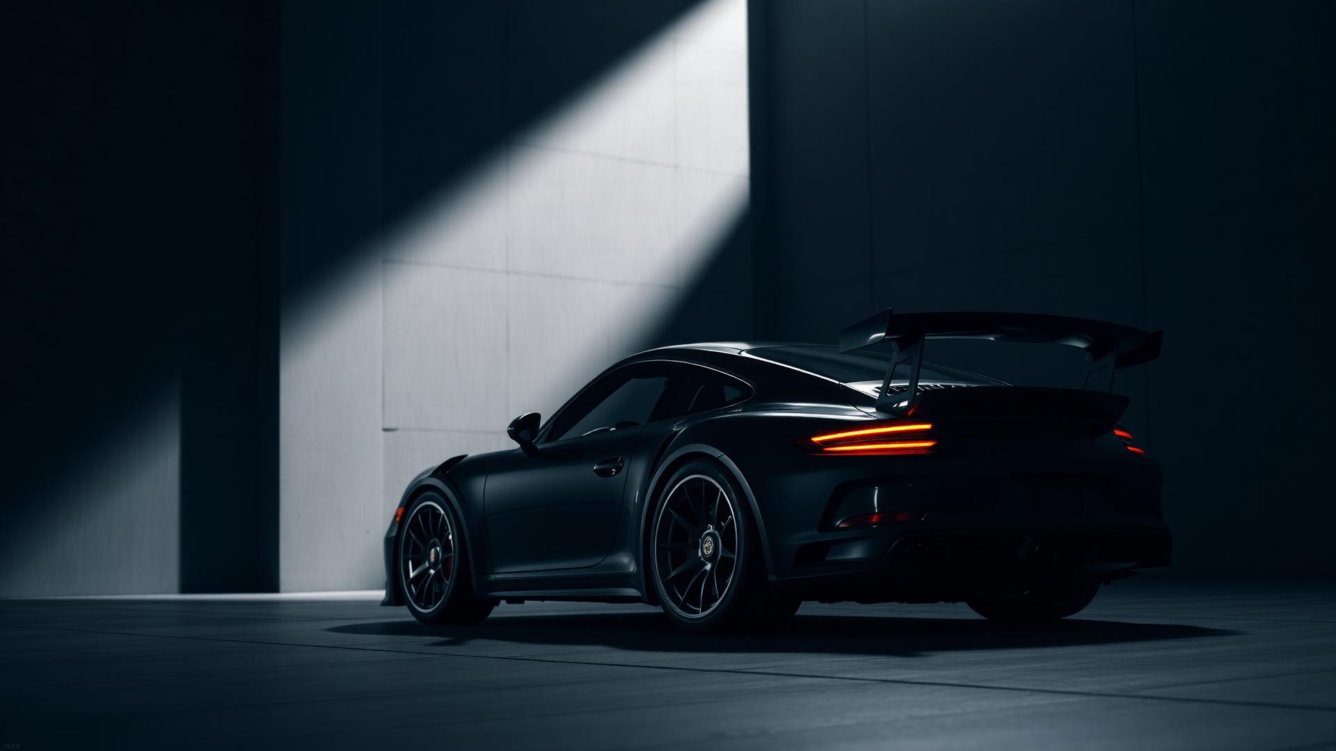 Editorial photograph of a luxury sports coupe under a single beam of light